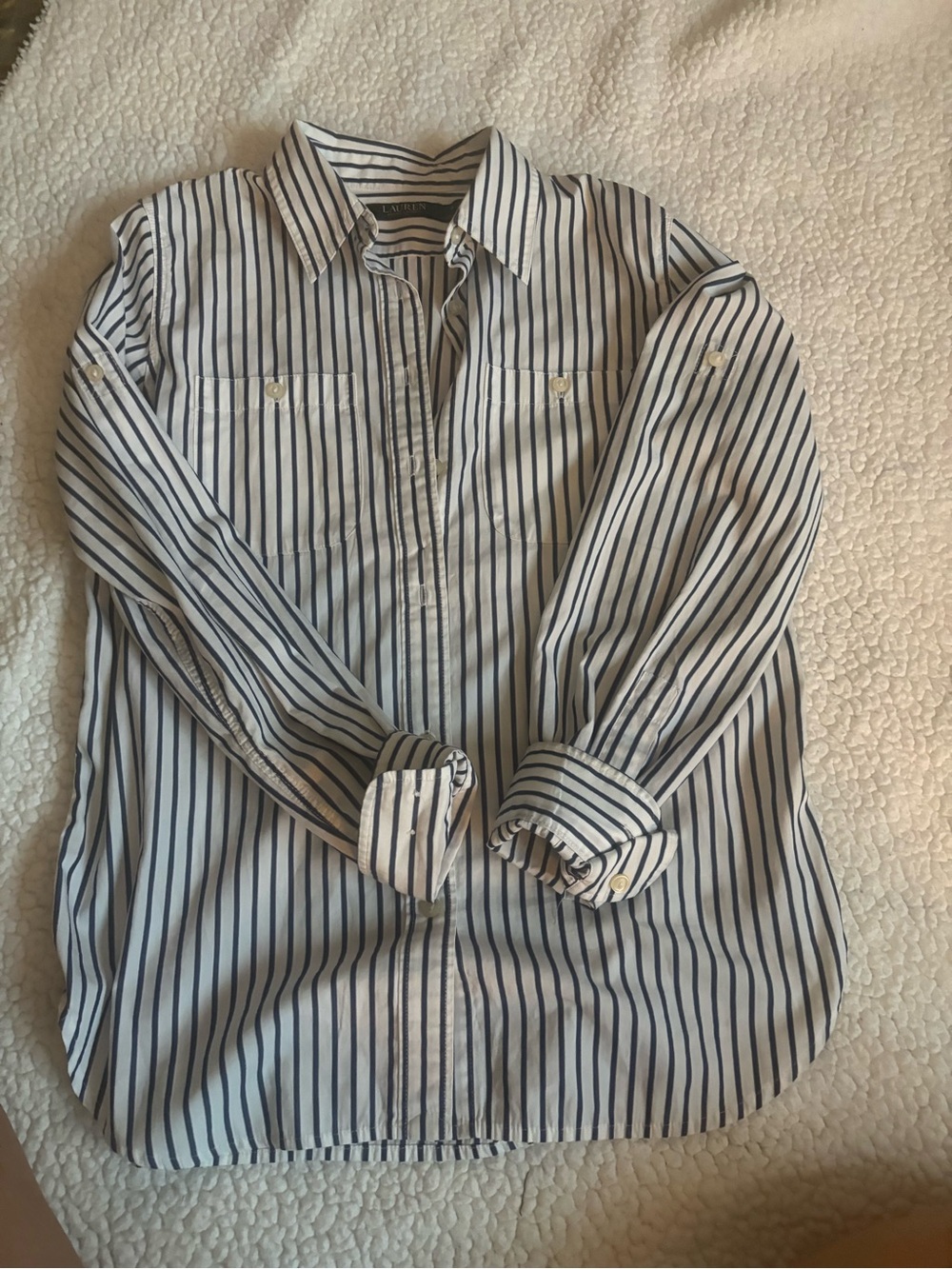 Ralph Lauren White Button-Down Shirt with Navy Vertical Stripes